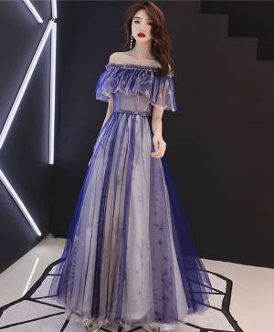 Blue Tulle Lace Tea-length Prom Evening Dress
