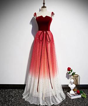Burgundy Tulle Sweetheart Long Prom Formal Dress