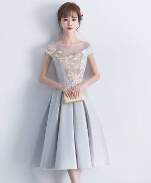Gray Satin Lace Short/Mini Prom Bridesmaid Dress