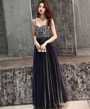 Dark/Blue Tulle Sweetheart Long Prom Evening Dress