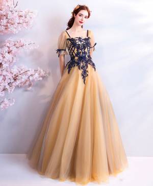 Champagne Lace Tulle Unique Long Prom Evening Dress