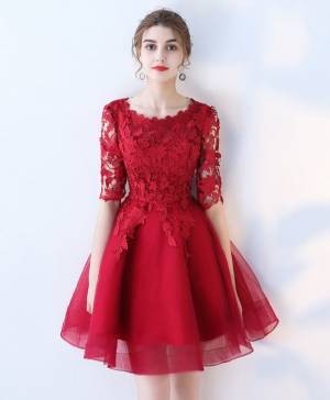Vintage Round Neck Burgundy Lace Tulle Short Homecoming Dress With Half Sleeves