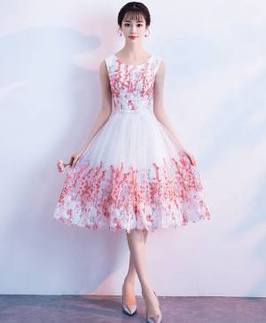 Pink Lace Tulle Round Neck Short/Mini Prom Homecoming Dress