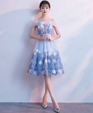 Blue Tulle Lace Round Neck Short/Mini Prom Homecoming Dress