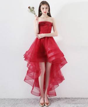 Burgundy Tulle Lace High Low Prom Homecoming Dress