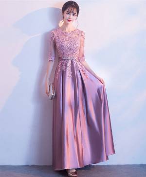 Pink Lace A-line Long Prom Bridesmaid Dress