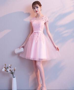 Pink Tulle Lace Round Neck Short/Mini Prom Homecoming Dress