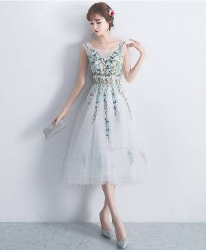 White Tulle Lace Round Neck With Applique Short/Mini Prom Homecoming Dress