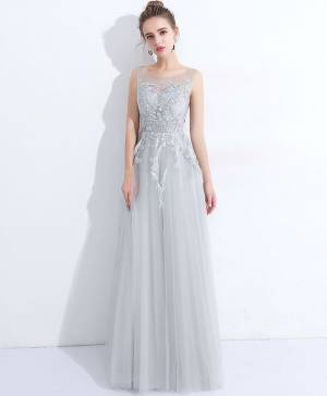 Gray Lace Round Neck Long Prom Evening Dress