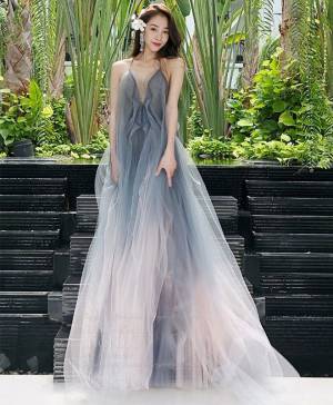Gray Tulle V-neck Long Prom Evening Dress