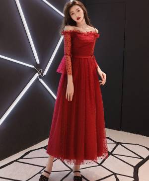 Burgundy Tulle Lace Tea-length Prom Evening Dress