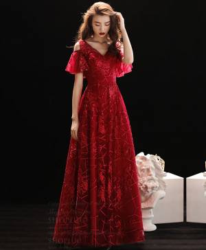 Burgundy Lace V-neck Long Prom Evening Dress