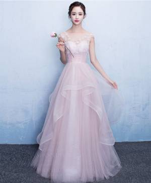 Pink Tulle Round Neck Long Prom Evening Dress
