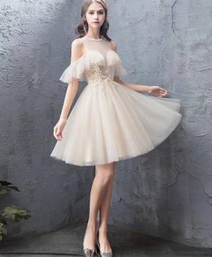 Champagne Tulle Round Neck Short/Mini Cute Prom Homecoming Dress