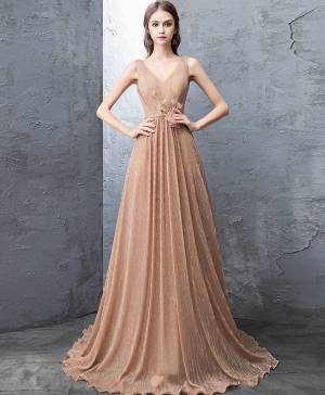 Gold Tulle V-neck Unique Long Prom Evening Dress