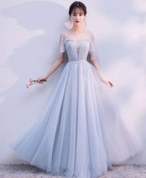 Gray Tulle V-neck Long Prom Evening Dress