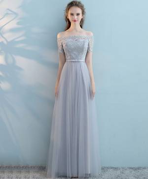 Sheath Gray Tulle Long Chiffon Bridesmaid Dress