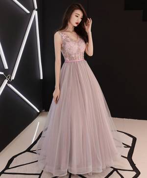 Pink V-neck With Sequins Long Prom Evening Dress