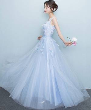Blue Lace V-neck Long Prom Evening Dress