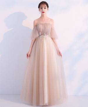 Champagne Tulle Round Neck Long Prom Evening Dress