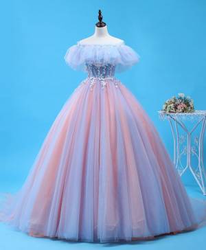 Pink Tulle Lace Ball Gown Long Prom Evening Dress