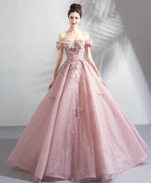 Pink Lace Tulle Long Prom Evening Dress