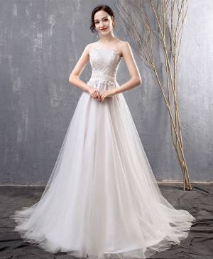 White Lace Tulle Long Prom Wedding Dress