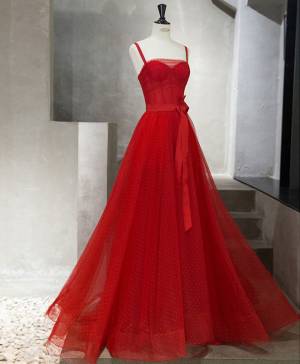 Red Tulle Long Prom Evening Dress
