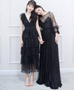 Black Tulle Lace Long Prom Evening Dress