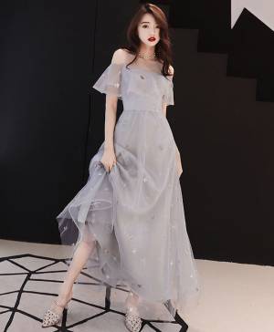Gray Tulle Tea-length Prom Evening Dress