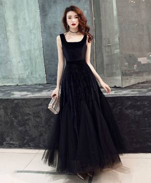 A Line Black Tulle Simple Prom Formal Dress
