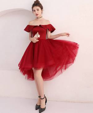 Burgundy Tulle Off-the-shoulder Short/Mini Cute Prom Homecoming Dress