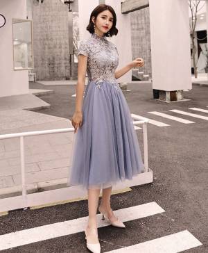Gray Tulle Lace Round Neck Short/Mini Prom Homecoming Dress