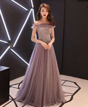 Lace Tulle Unique Long Prom Evening Dress