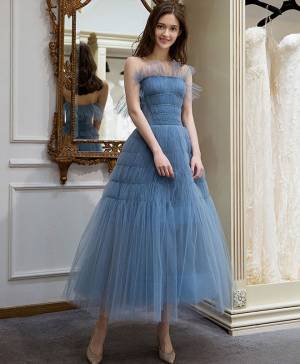 Strapless Blue Tulle Tea Length Homecoming Dress