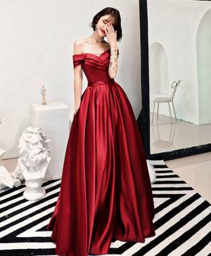 Burgundy V-neck Off-the-shoulder Long Prom Evening Dress