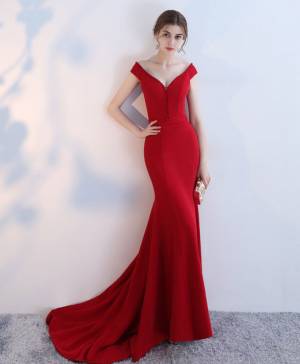 Red V-neck Long Mermaid Prom Evening Dress