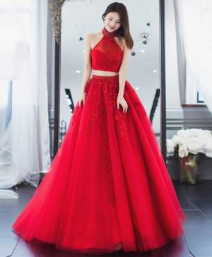Red Lace Two Pieces Long Prom Evening Dress