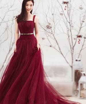 Burgundy Tulle Long Prom Formal Dress