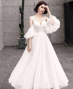 White Tulle Unique Long Prom Evening Dress