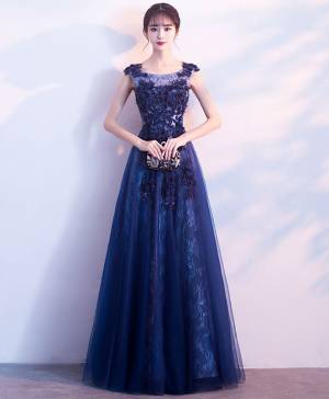 Dark/Blue Lace Long Prom Evening Dress