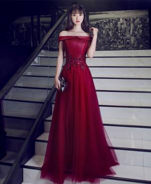 Burgundy Lace Long Prom Evening Dress