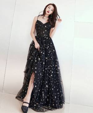 Sexy Straps Black Tulle Long Prom Dress with Stars