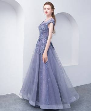 Gray/Blue Tulle Lace Round Neck Long Prom Evening Dress