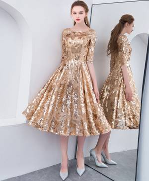Gold Round Neck With Sequin Short/Mini Prom Homecoming Dress