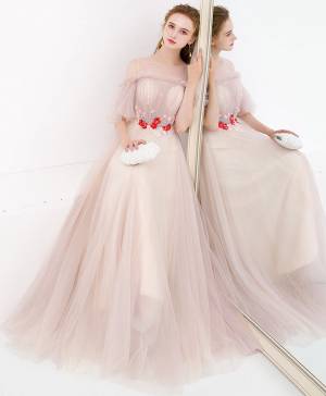 Champagne Tulle Unique Long Prom Evening Dress