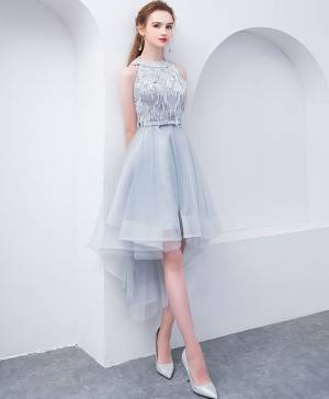 Gray Tulle High Neck Short/Mini Cute Prom Homecoming Dress
