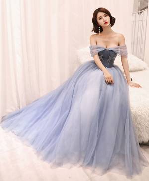 Gray Tulle Long Prom Evening Dress