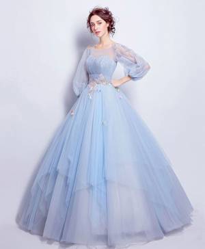 Blue Tulle Round Neck Ball Gown Long Prom Evening Dress