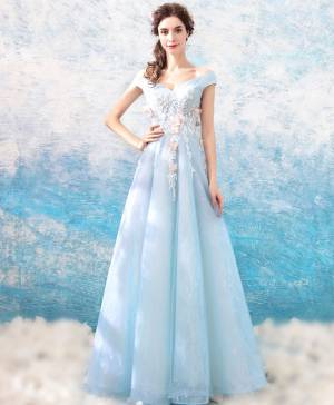 Blue Tulle V-neck Off-the-shoulder Long Prom Evening Dress